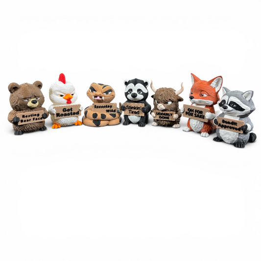 Set of animal figurines holding signs on a white background