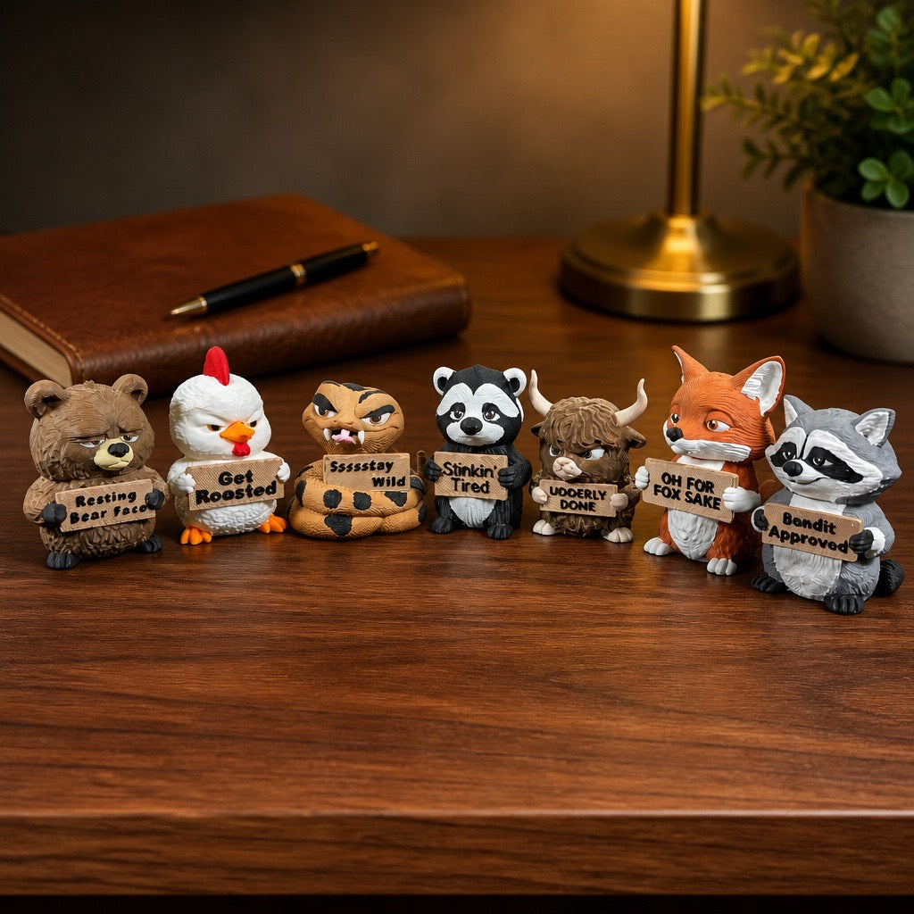 Set of animal figurines with signs on a wooden surface